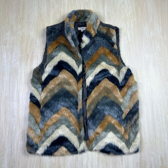 Umgee Chevron Teddy Bear Faux Fur Multicolor Sleeveless Jacket Vest Medium - Picture 1 of 16